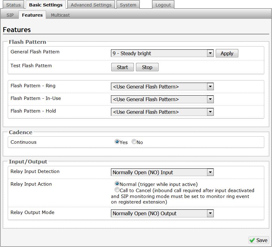 Basic Settings Tab - Features General Flash Patterns Choose from 16 available patterns to suit the application requirement.