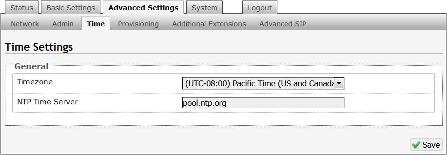 Advanced Settings Tab - Time Network time is used for logging events into memory for troubleshooting.