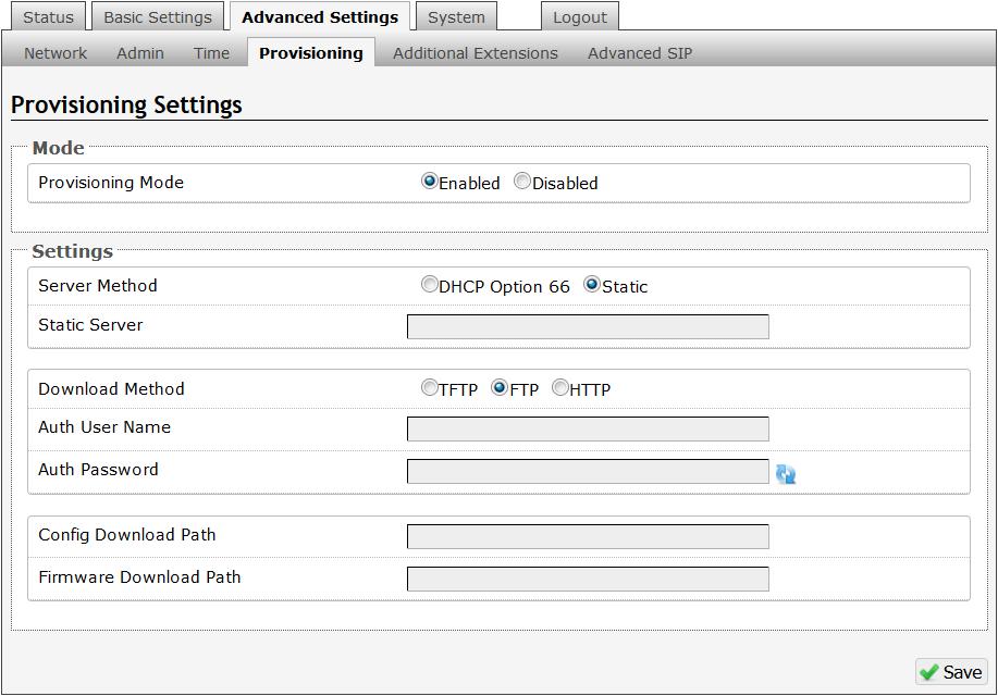 Advanced Settings Tab - Provisioning Note: It is recommended that Provisioning Mode be set to Disabled if this feature is not in use.