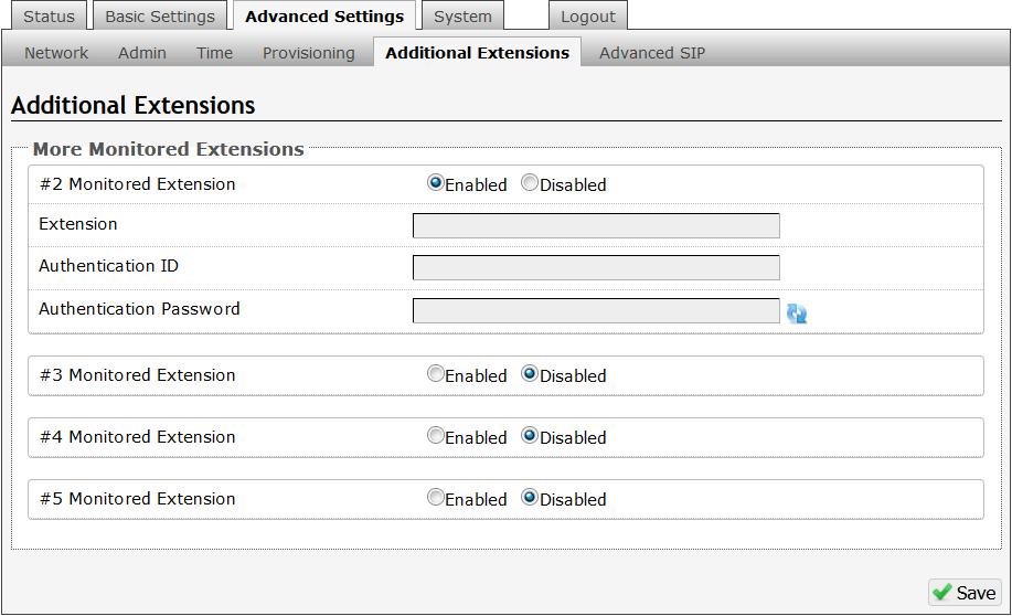 Advanced Settings Tab Additional Extensions Up to 5 SIP extensions can be registered for notification alerting of multiple events.