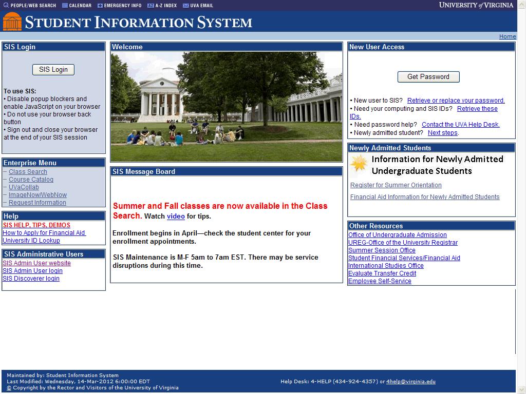 2. The Student Information System's self service page displays.