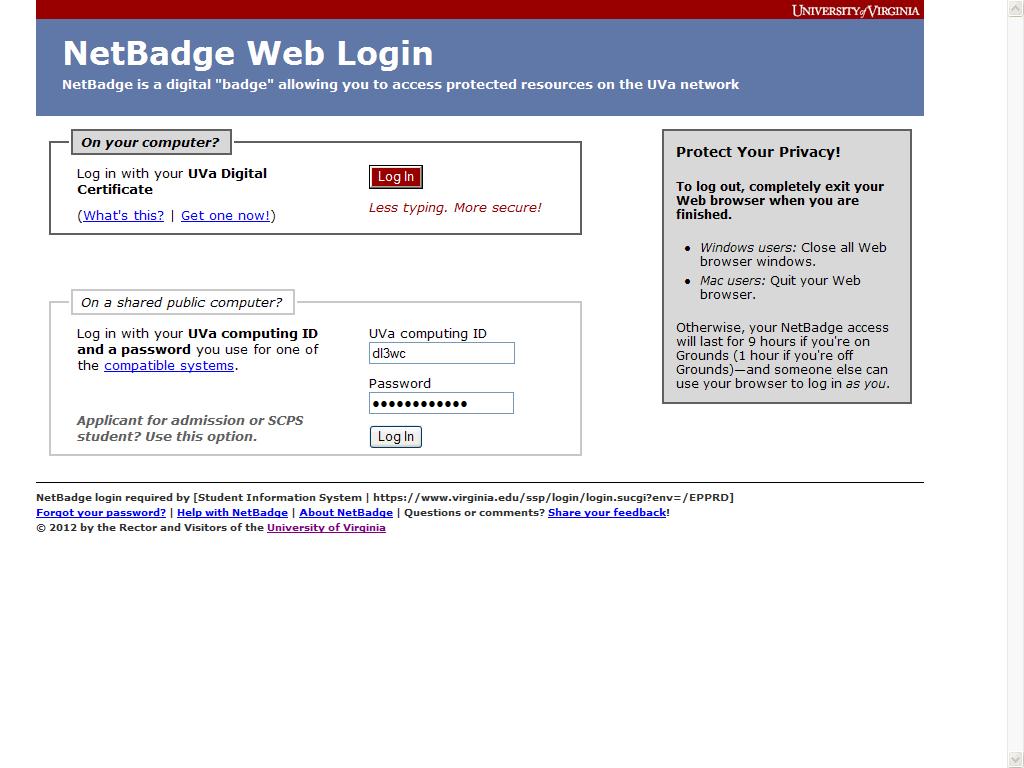 3. The NetBadge Web Login page displays. Log in through one of two ways: (1) Using your UVa Digital Certificate.