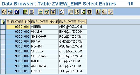 Here we want to see 3 fields - Employee No and Employee Name from table 1 and Employee Email from table 2. And then activate the view. Then again go to se11 and select view.