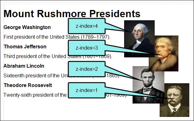 Suppose you want Washington to be on top, then Jefferson, then Lincoln, and finally Roosevelt on the bottom.