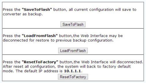 Save and Restore After configuring the converter, the entire configuration can be saved as a backup file using the SaveToFlash button.