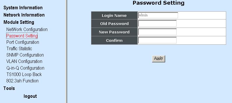 3.3.2 Password Setting Select Password Setting from Module Setting menu, then the following screen page appears. Login Name: View-only filed. This default login name can not be changed.