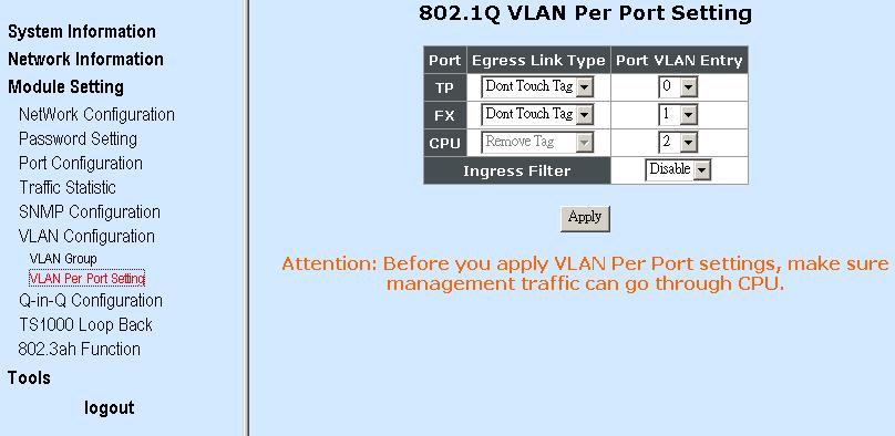VLAN Group: There are 16 VLAN Groups available from 0 to 15. VID: Specify a VID (1~4094) to each VLAN Group.