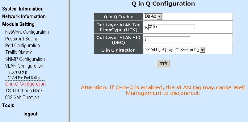 3.3.7 Q-in-Q Configuration Select Q-in-Q Configuration from Module Setting menu, then the following screen page appears. Q in Q Enable: To enable or disable Q-in-Q function.