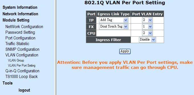 802.1Q VLAN Per Port Setting Step 1. Set TP port s Egress Link Type to Add Tag and select VLAN Group 2 (330).