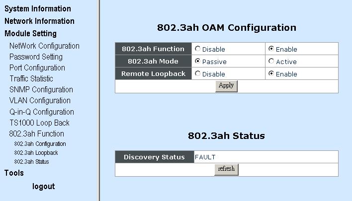802.3ah Configuration: To set up 802.3ah Function, Mode, and Remote Loopback. 802.3ah Loopback: To specify packet number and length for loopback test and view 802.3ah loopback test results. 802.3ah Status: To view 802.