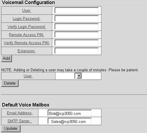 Network Setup Figure 13: Voice mail account enable screen 4. Enter the appropriate information in the Voicemail Configuration fields. The User field is for the user s name (for example bob ).