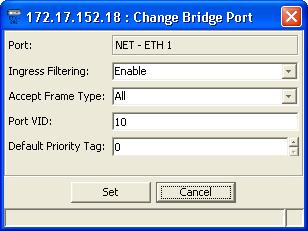 User s Manual Chapter 4 Configuring Typical Applications 3. Select ETX-202 (A) USER - ETH 3 (user port 1) and click <Change>. Figure 4-34. Change Bridge Port Dialog Box (ETX-202 Aware Mode) 4.