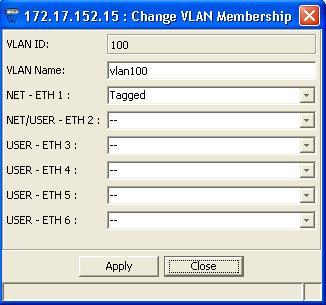 The Change VLAN Membership dialog box opens, displaying the same editable fields as the Add VLAN Membership dialog box (except for
