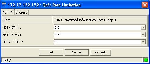 User s Manual Chapter 3 Configuration Management Configuring QoS Rate Limitation You can configure QoS rate limitation for ETX-102/201/202, which supports data rate limitation at the egress and