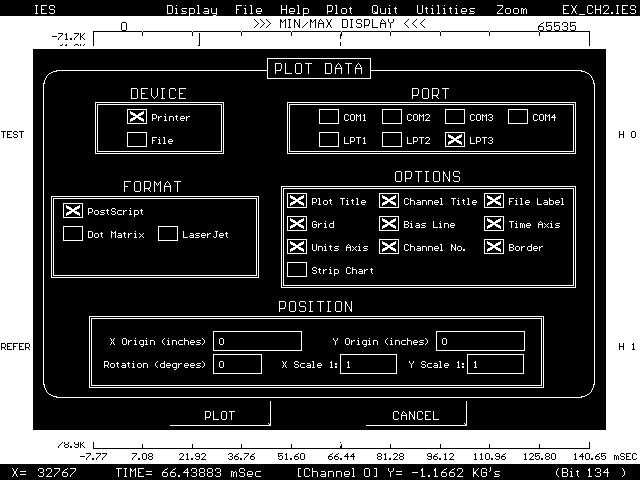 Figure 7-10. Plot Menu In this menu the User selects all available options to fit his/her needs for printing out data. An "X" in the box next to an option indicates that it is on.
