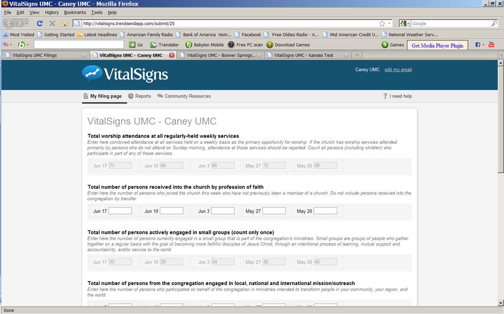 VitalSigns Reminder Emails A VitalSigns email is sent out every Sunday as a reminder to report data. The reporting period begins on the previous Monday through Sunday, i.e., if the email is received on July 12, 2015 the reporting period is for July 6 12.