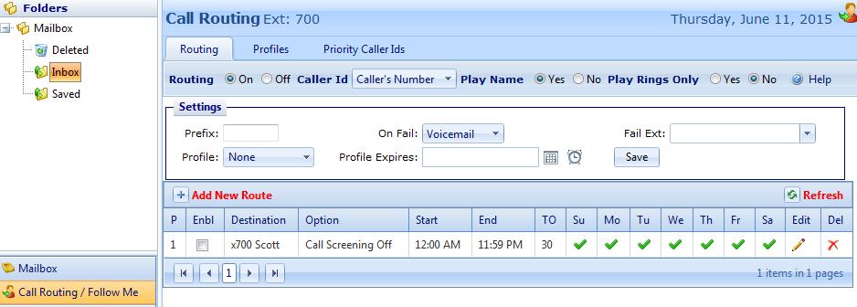 7.4 Additional Call Routing Settings: Additional settings allow you to further customize the way in which callers will be routed and handled. 7.4.1 Under the Routing Tab: Routing: On/Off used to turn all FollowMes completely off Caller Id: Caller s Number is the default setting.