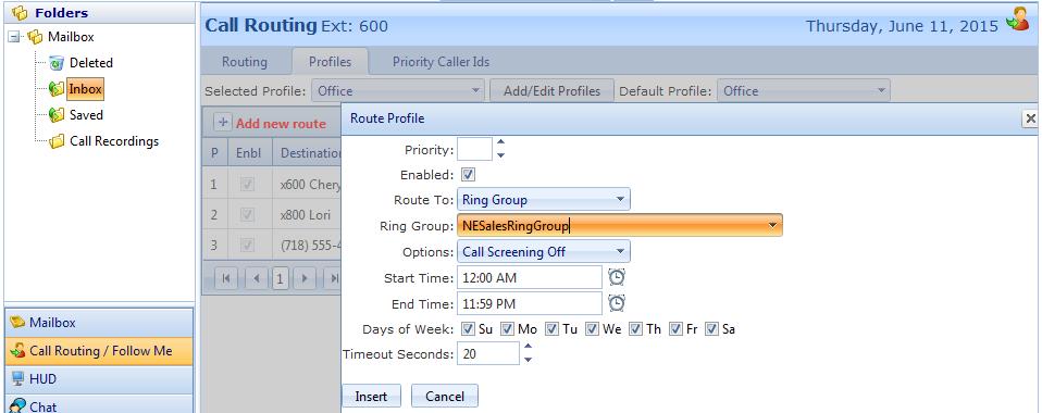 7.5.3 To Edit the Route in a Profile: 1. To edit a Profile, select the Profile name from the drop down list 2. Find the row containing the segment of the route you want to edit.
