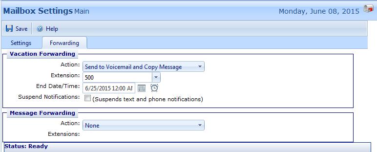 16.5.1 From the Web Portal: In the Web Portal, from Extension Manager choose the extension you want to set up an Extended Absence for, then go to Control Panel>Mailbox Settings.