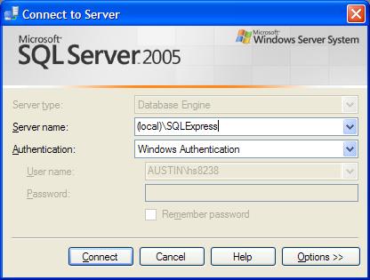 4.1 LOGGING INTO SQL SERVER 2005 1. We use Microsoft SQL Server Management Studio Express to import and view the database. 2. To open SQL Server Management Studio Express, go to Start->All Programs-> Microsoft SQL Server 2005- > SQL Server Management Studio Express.