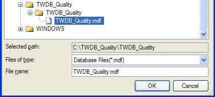 5. Click on the Add button and browse to the location where out TWDB_Quality.mdf is located and select it.