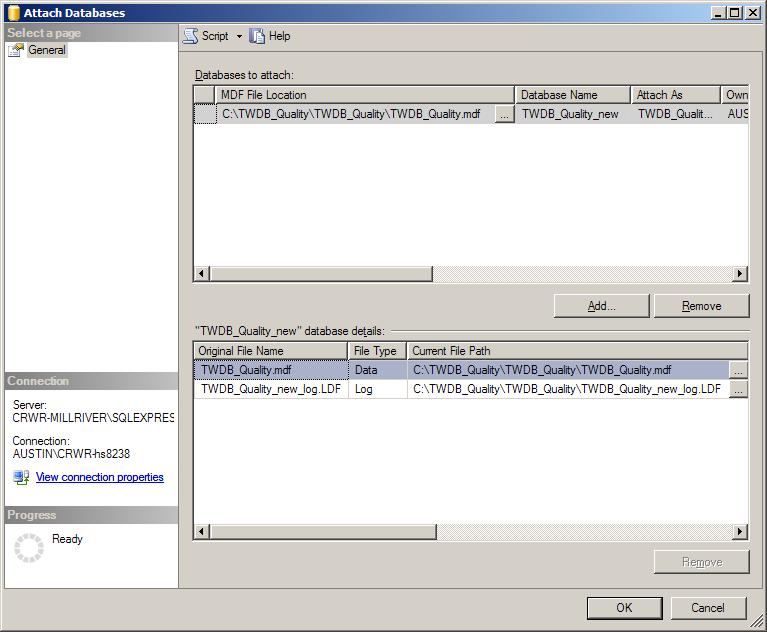 Figure 18 : Add the TWDB_Quality.mdf database file On selecting the TWDB_Quality.