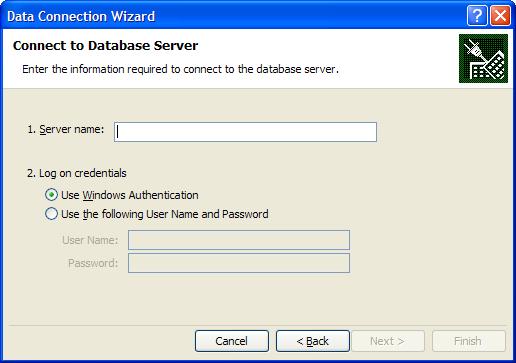 Figure 28 : Data Connection Wizard in MS Excel 5. Specify the Server Name on your Local Machine. 6. You can select to Use Windows Authentication or a User Name and Password to connect to the database.
