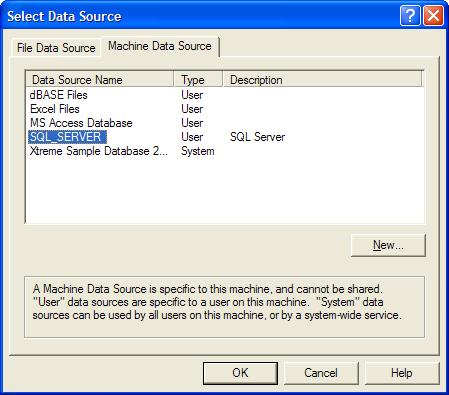 Figure 50 : Select the Machine Data Source and then select SQL_SERVER 10. You will then see a list of all the tables in the database.