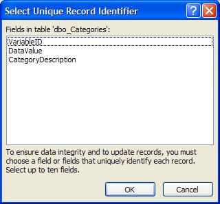 Figure 53: Choose CategoryDescription as the Unique Record Identifier for dbo_categories 14.