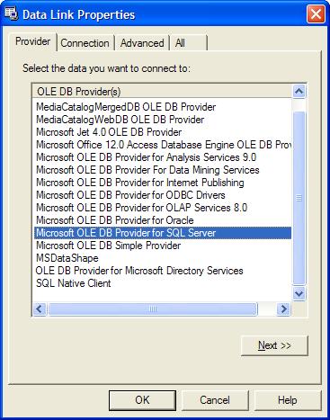 4. Select Microsoft OLE DB Provider for SQL Server and hit Next. Figure 59: Data Link Properties dialog 5. Type the server name. The server name will be the same we used for MS Access.