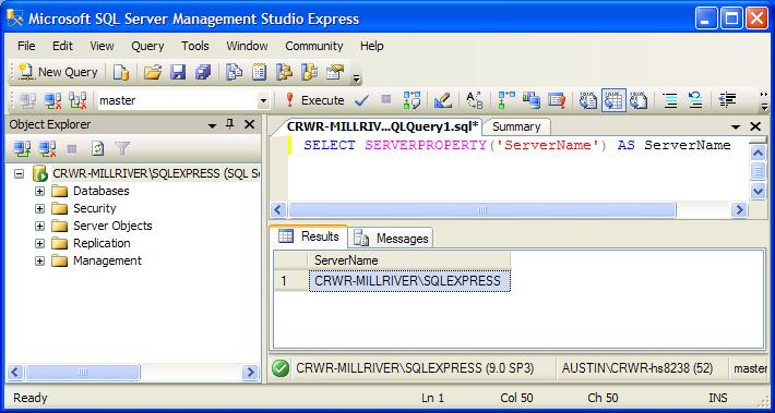 6. On hitting the Execute button SQL server will execute the SQL query and will return you the SQL Server name that is present on your system. Figure 71: The Server Name is returned 7.