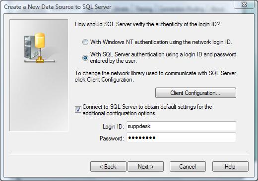 Click Next t mve n t the Authenticatin settings. Make sure yu set up the DSN t cnnect With SQL Server authenticatin. At the bttm f the windw, enter yur SQL Server lgin and passwrd.