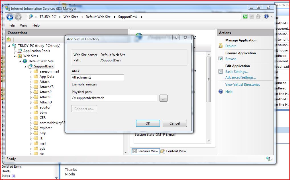 IIS 7 and IIS 6 Create a sub-virtual directry under the SupprtDesk virtual rt (right muse click n SupprtDesk and click add virtual directry.) The alias must be Attachments.