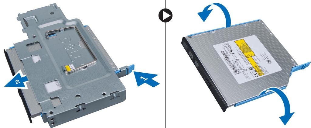 Removing the Optical Drive 1. Follow the procedures in Before Working Inside Your Computer. 2. Remove: a) cover b) front bezel c) drive cage 3.