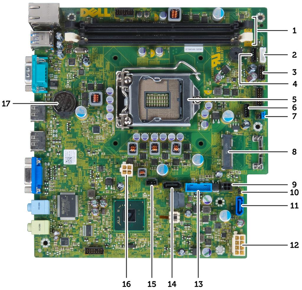 System Board Layout The following image displays the system board layout. 1. memory module connectors 2. internal speaker cable 3. USB audio connector 4. CPU fan connector 5. processor 6.