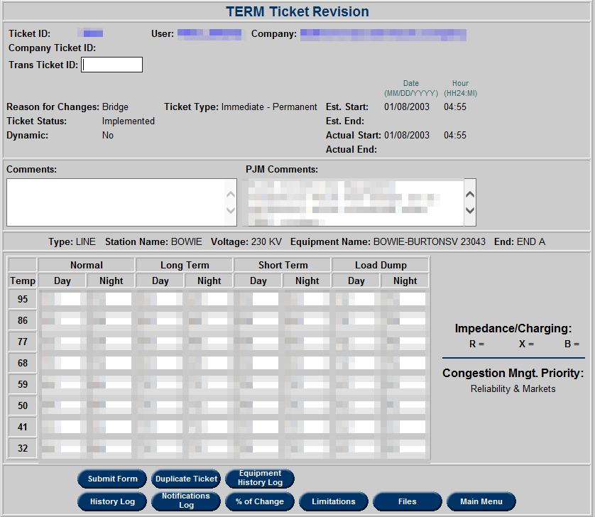 TERM Ticket Revision Using a TERM Ticket Revision, users can make revisions to ratings, comments, reasons for change, status and estimated start and end dates.