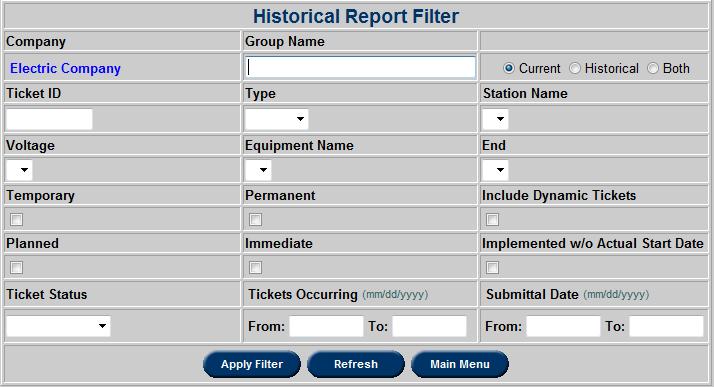 Historical Report Users can search for historical information on TERM tickets using the Historical Report function. If a specific Group Name or Ticket ID is known, it can be entered.