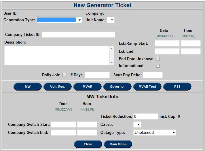 Create New Generation Ticket Users should use the Create New Ticket function to create generation tickets informing PJM of proposed outages.