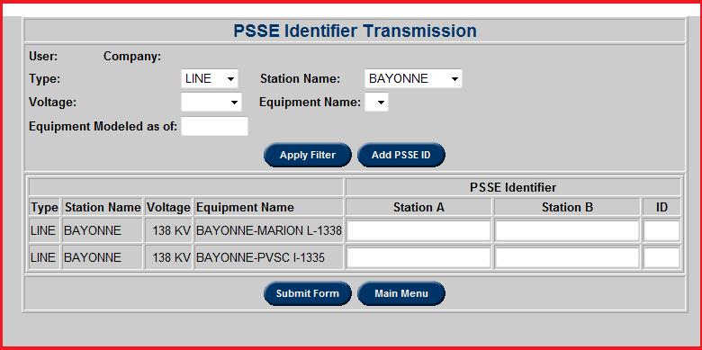 On the next page is a new PSSE Identifier that was filled in and submitted by selecting the Apply Filter button on the first image.