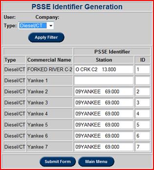 Click the Apply Filter button and a PSSE Identifier Generation list similar to the one below will
