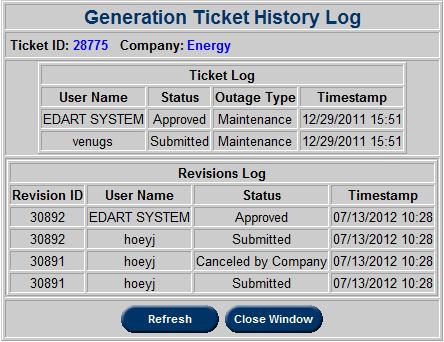 Below is an example of a History Log: Approved Tickets Report Users can view a report of tickets in the Approved status (for MW tickets) or Received (for reactive