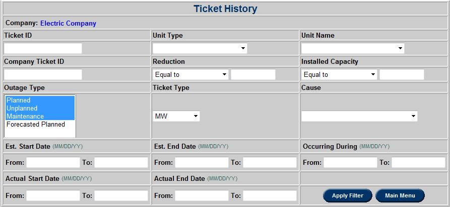 After entering al the desired crite select Apply Filte Ticket History Users can view previously submitted tickets with the Historical report function.