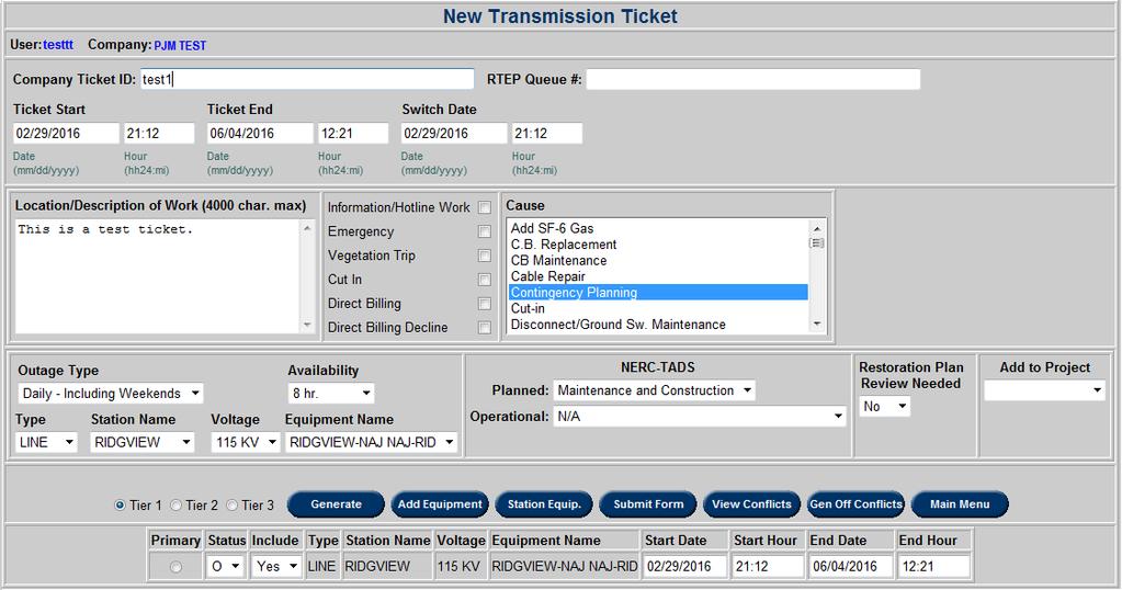 Create New Transmission Ticket Users should use the Create New Outage Ticket function to create transmission tickets informing PJM of proposed outages.