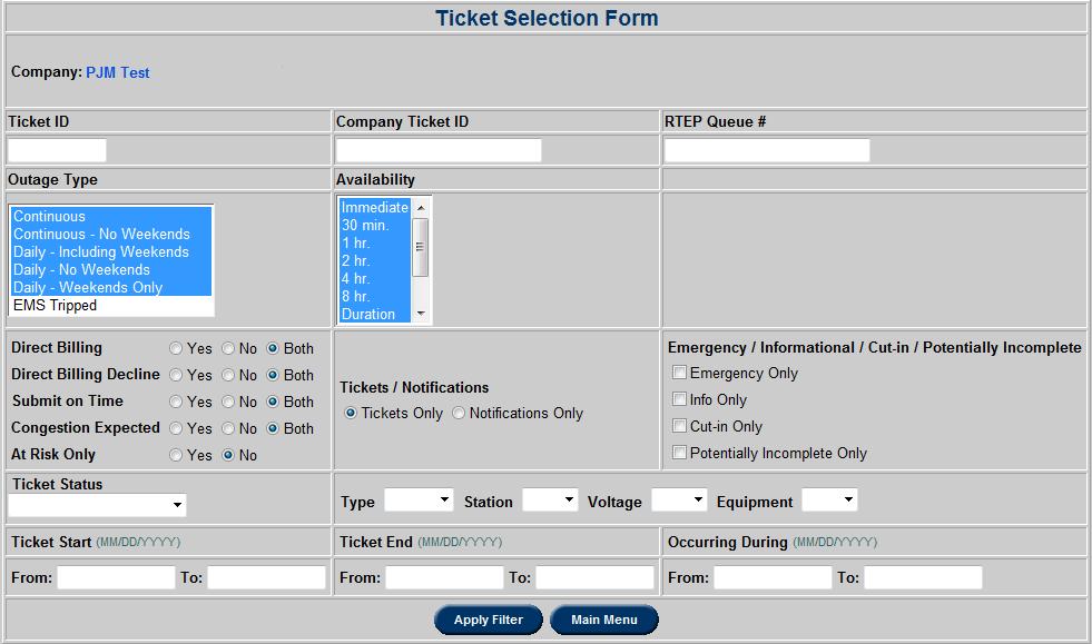 View/Revise Outage Ticket Use the View/Revise Outage Ticket function to search for, and/or modify an existing transmission outage ticket. The Ticket Selection Form acts as a ticket filter.