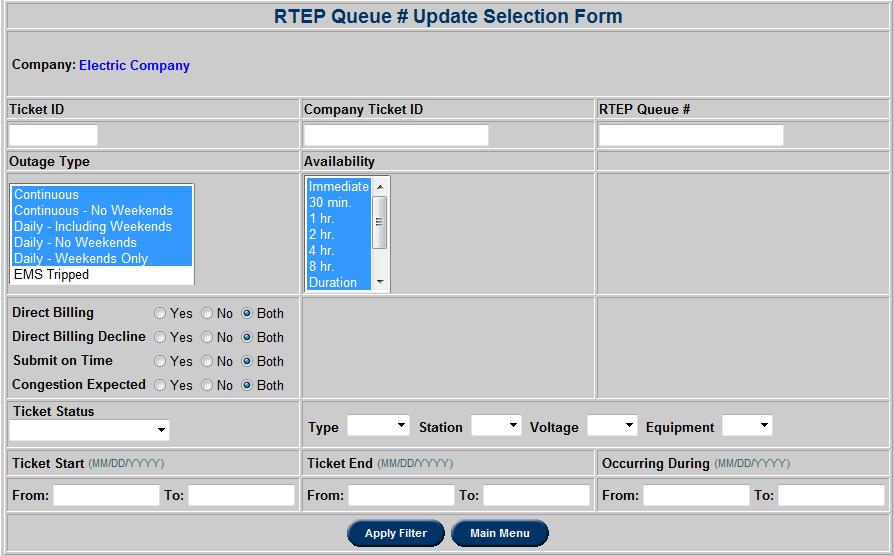RTEP Queue # Update Using the RTEP Queue # Update function, RTEP Queue #s and Direct Billing information can be updated on a ticket after it has been submitted.