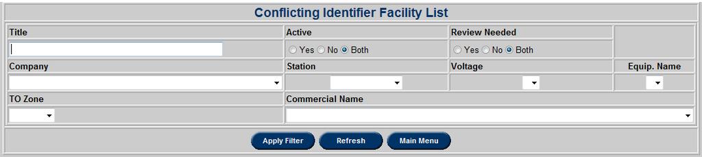 Conflicting Identifier Facility List Facility Scenarios can be searched for by entering a