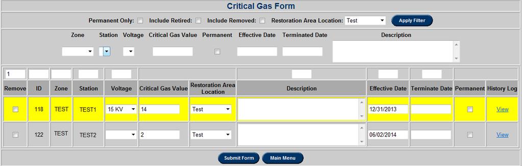 Once a Restoration Area Location is chosen, existing facilities will be displayed and data entry fields will appear. The user can enter Zone/Station or Zone/Station/Voltage combinations.