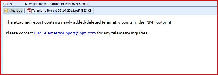 An e-mail report which contains newly available telemetry points and points removed from outgoing links will be sent out when such information is available. This is a sample email.