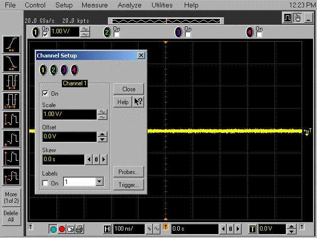 Calibrating the Digital Storage Oscilloscope A 2 Referring to Figure 133 below, perform the following steps: a b Click on the Setup>Channel 1 menu to open the Channel Setup window.