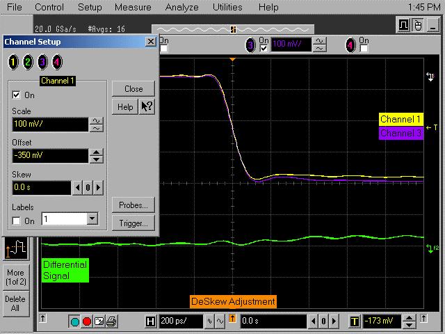 A Calibrating the Digital Storage Oscilloscope Click Setup Channel 1 to open the Channel Setup window. Then adjust the Skew left or right to maximize flatness of green trace.